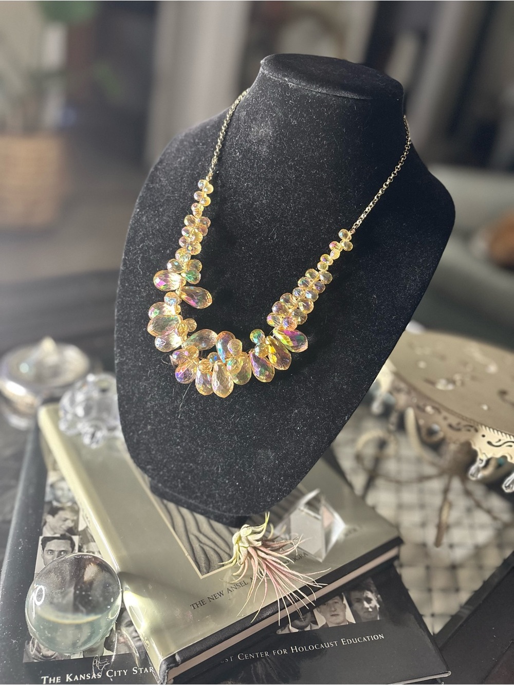 Iridescent Crystal Statement Necklace - Gold Chain